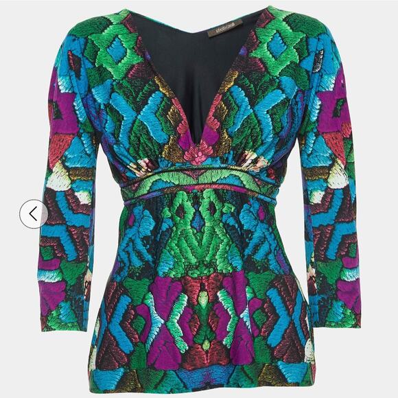Roberto Cavalli Blue Green Multicolored Print Stretch Knit V-Neck Top Size XS - Picture 1 of 11